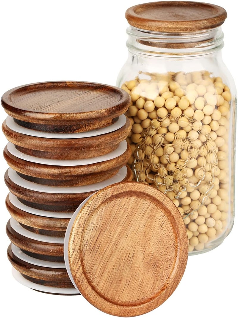 DingCo 8 Pack Wide Mouth Mason Jar Lids, Reusable Canning Lids with Wooden and Silicone Seals - Perfect for Canning and Preserving in Mason Jars, Brown (8PCS Wide Lids) - Image 1